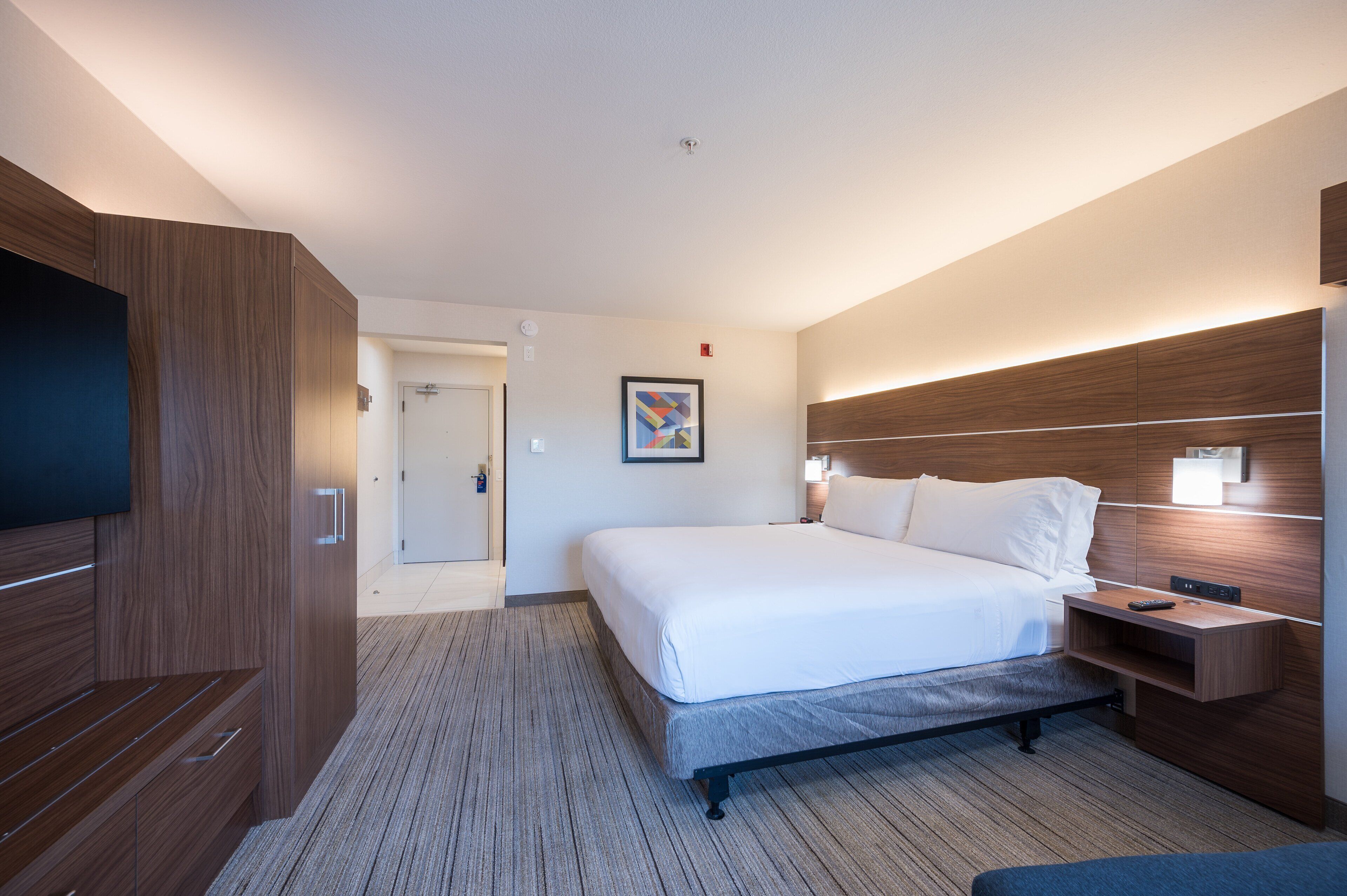 A modern hotel room with a large bed, a flat-screen TV, wooden paneling, a bedside table with a lamp, and a framed picture on the wall.