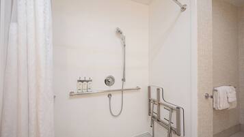Standard Room, 2 Queen Beds, Roll-in Shower (Mobility Accessible) | Bathroom | Free toiletries, hair dryer, towels