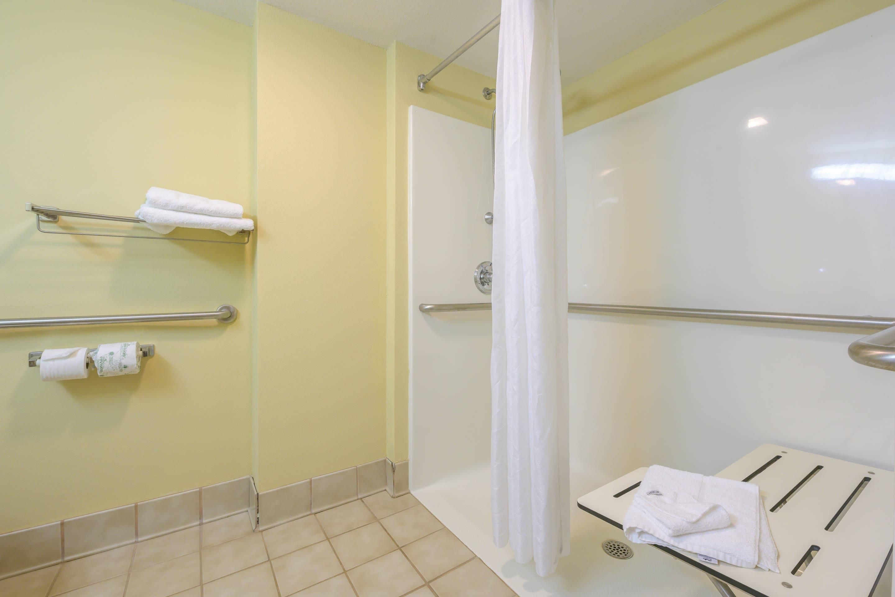 Ein Badezimmer mit Dusche, Haltegriffen und Handtuchhalter.