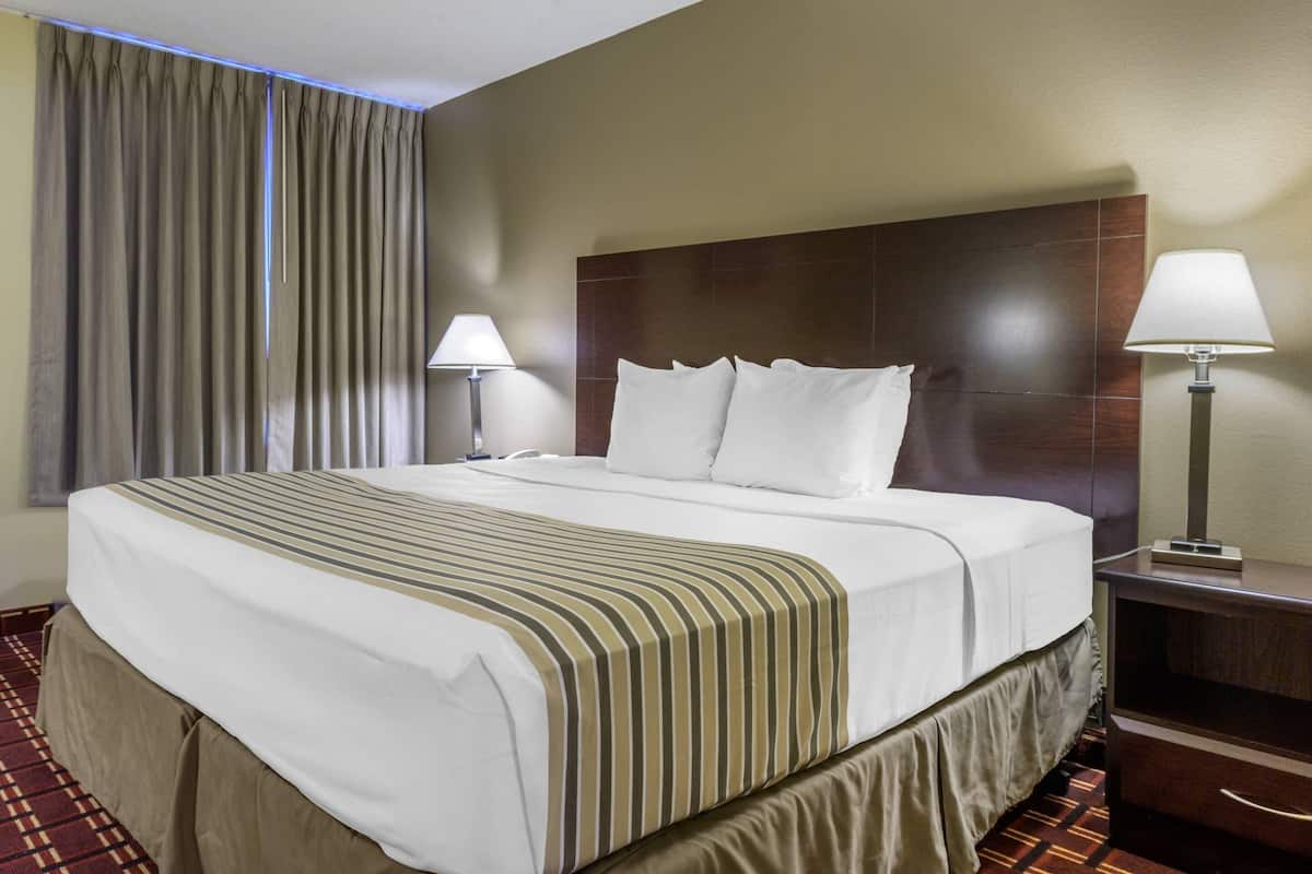 A hotel room with a large bed, two bedside lamps, a headboard, and a window with curtains.