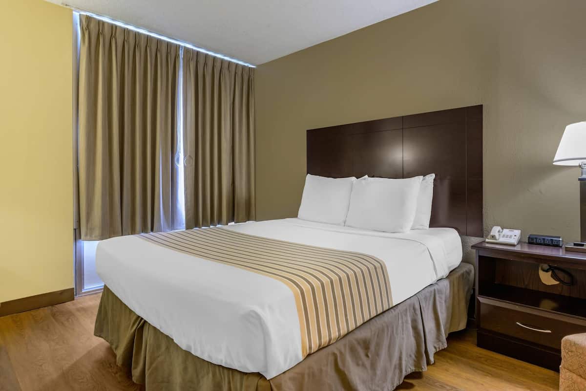 A hotel room with a bed, a nightstand, a lamp, and a window with curtains.