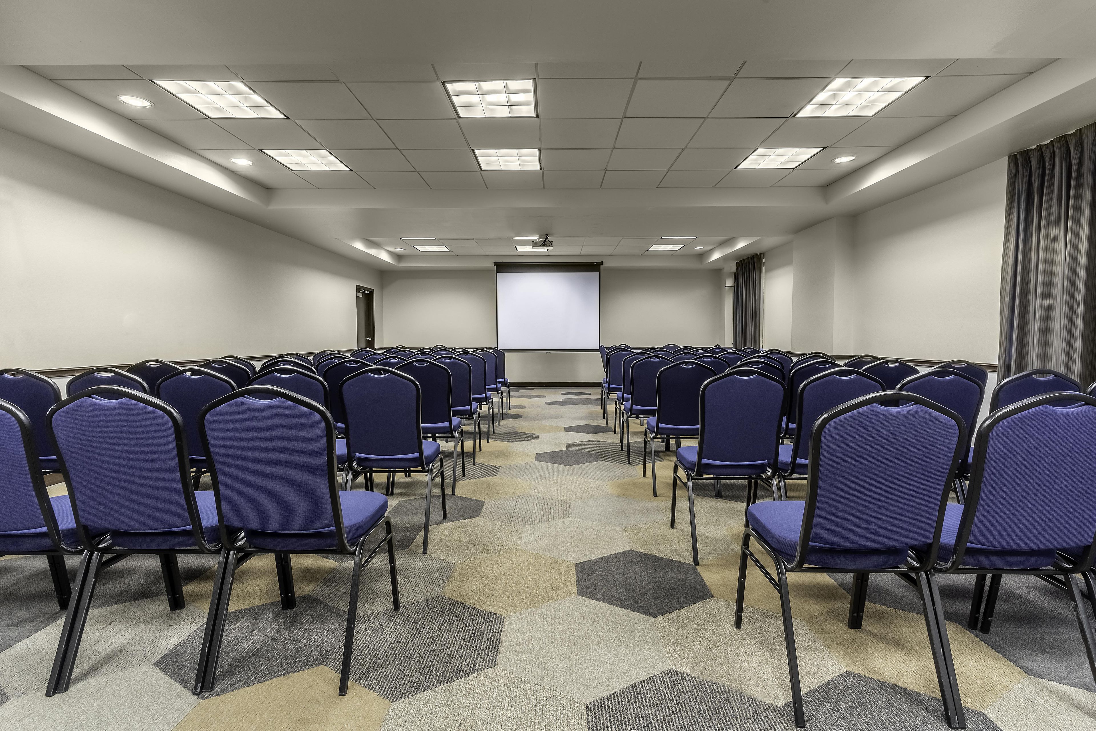 Un salón de conferencias con filas de sillas, una pantalla de proyector y suelo alfombrado.