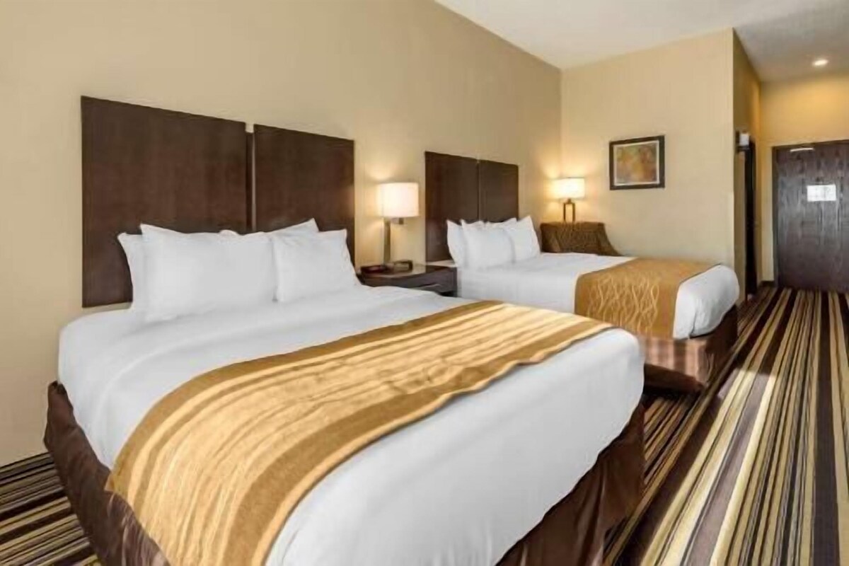 Two double beds with headboards, a striped carpet, a wall-mounted lamp, and a framed picture.