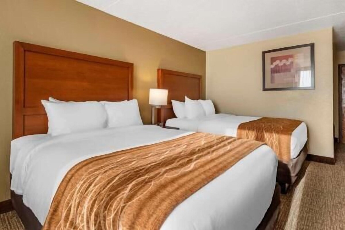 A hotel room with two beds, wooden headboards, a lamp, and a framed picture on the wall.