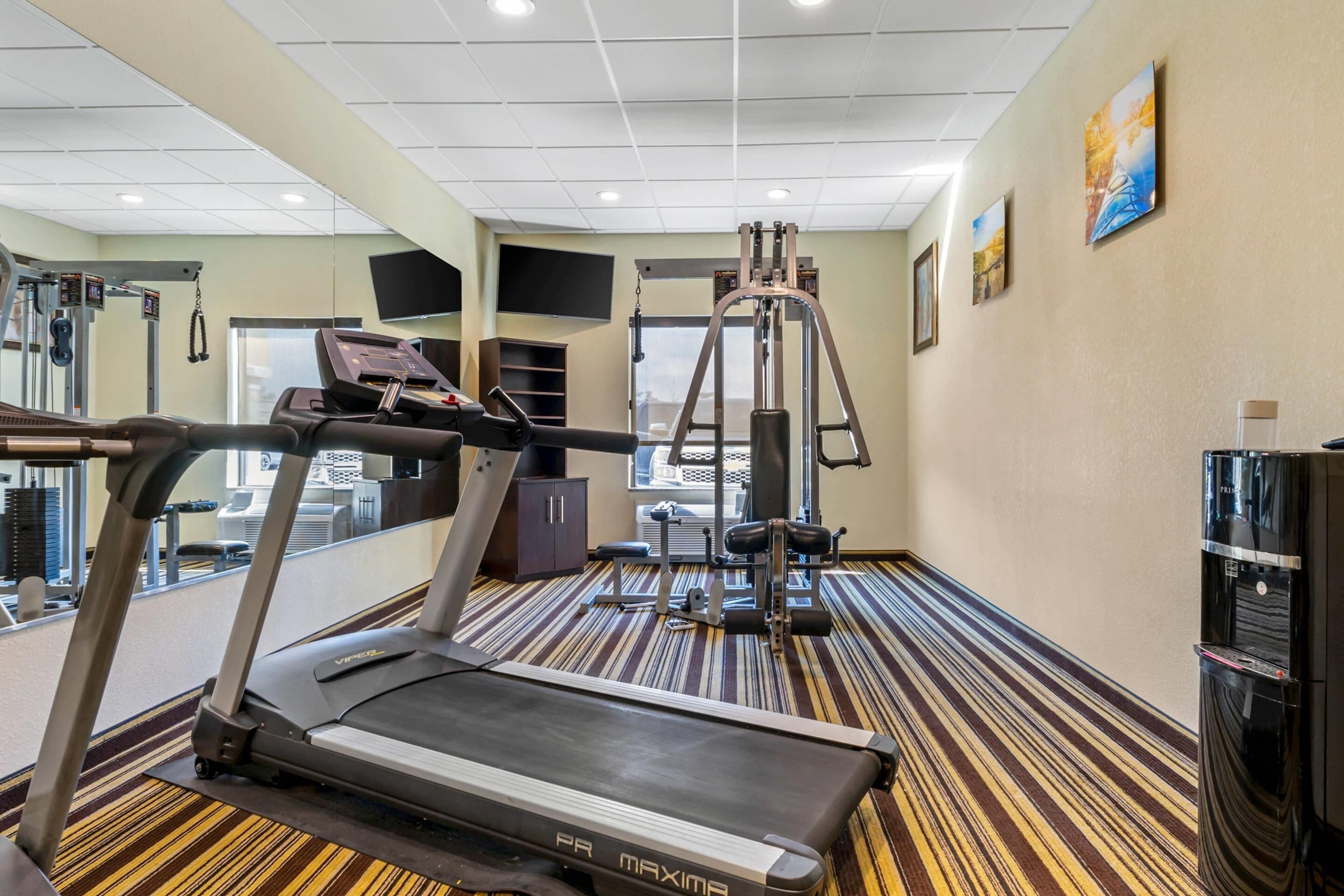 A gym with treadmills, weight machines, and a mirrored wall.