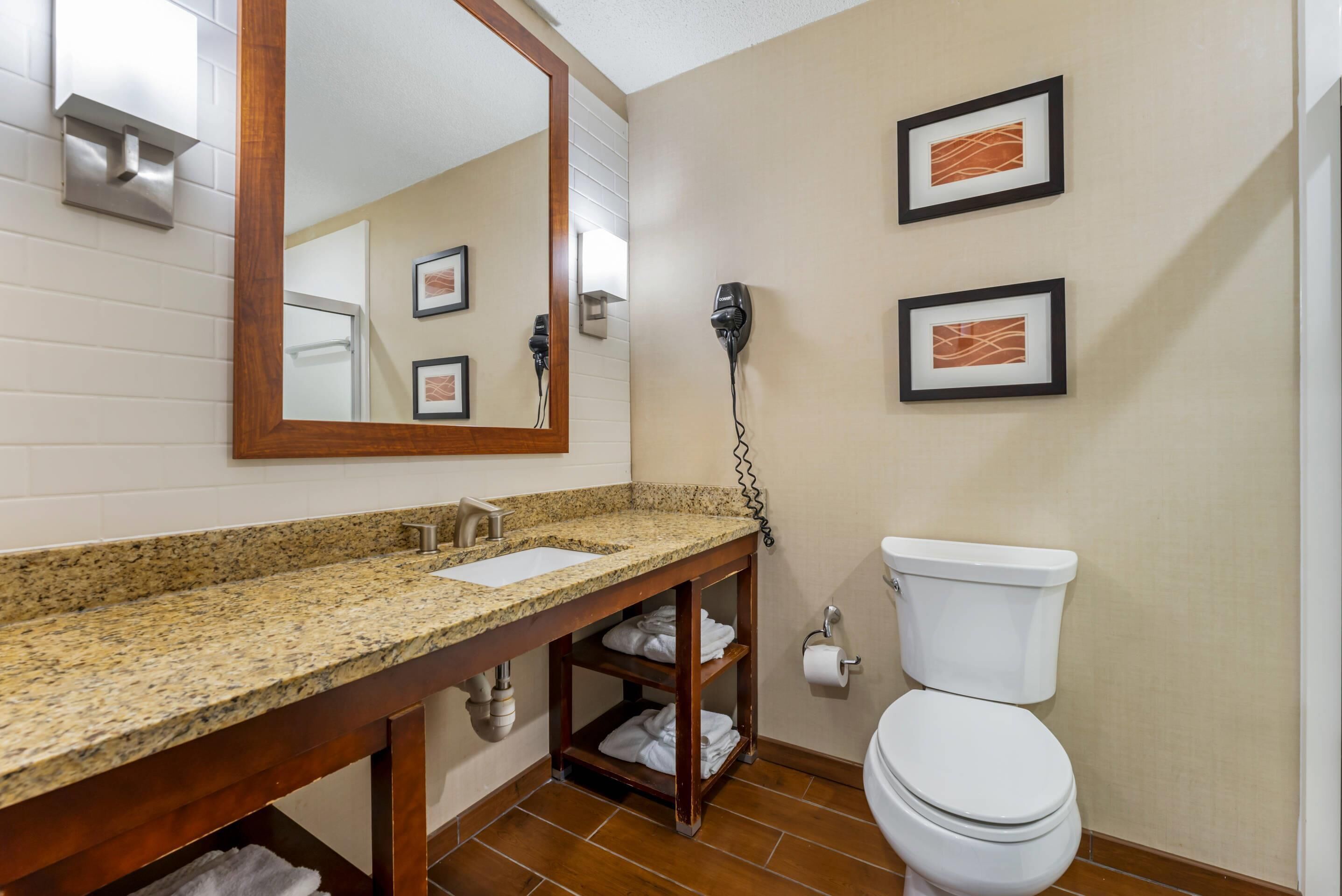 A bathroom with a granite countertop sink, a wooden vanity, a white toilet, and framed artwork on the wall.