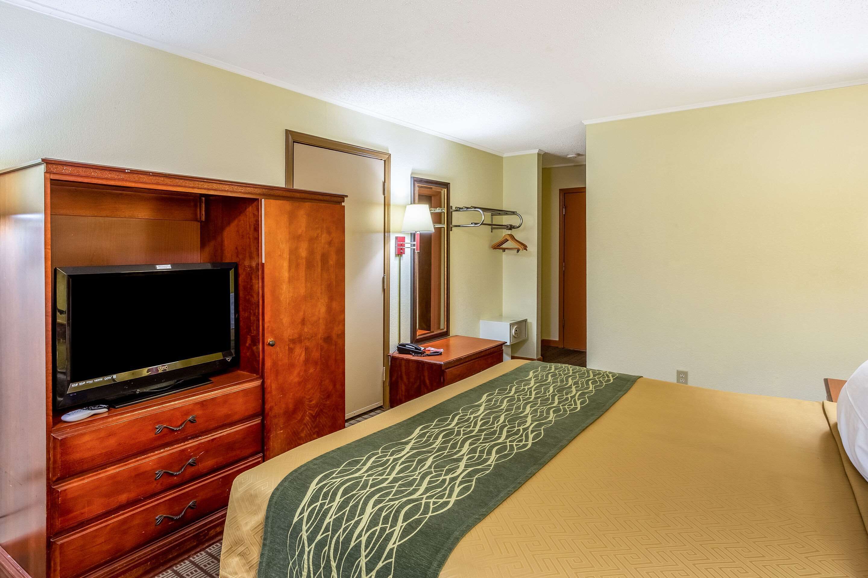 Una habitación de hotel con una cama, un televisor sobre un mueble de madera, un espejo y un perchero.