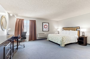 Habitación de hotel con cama, escritorio, silla y un espejo grande.