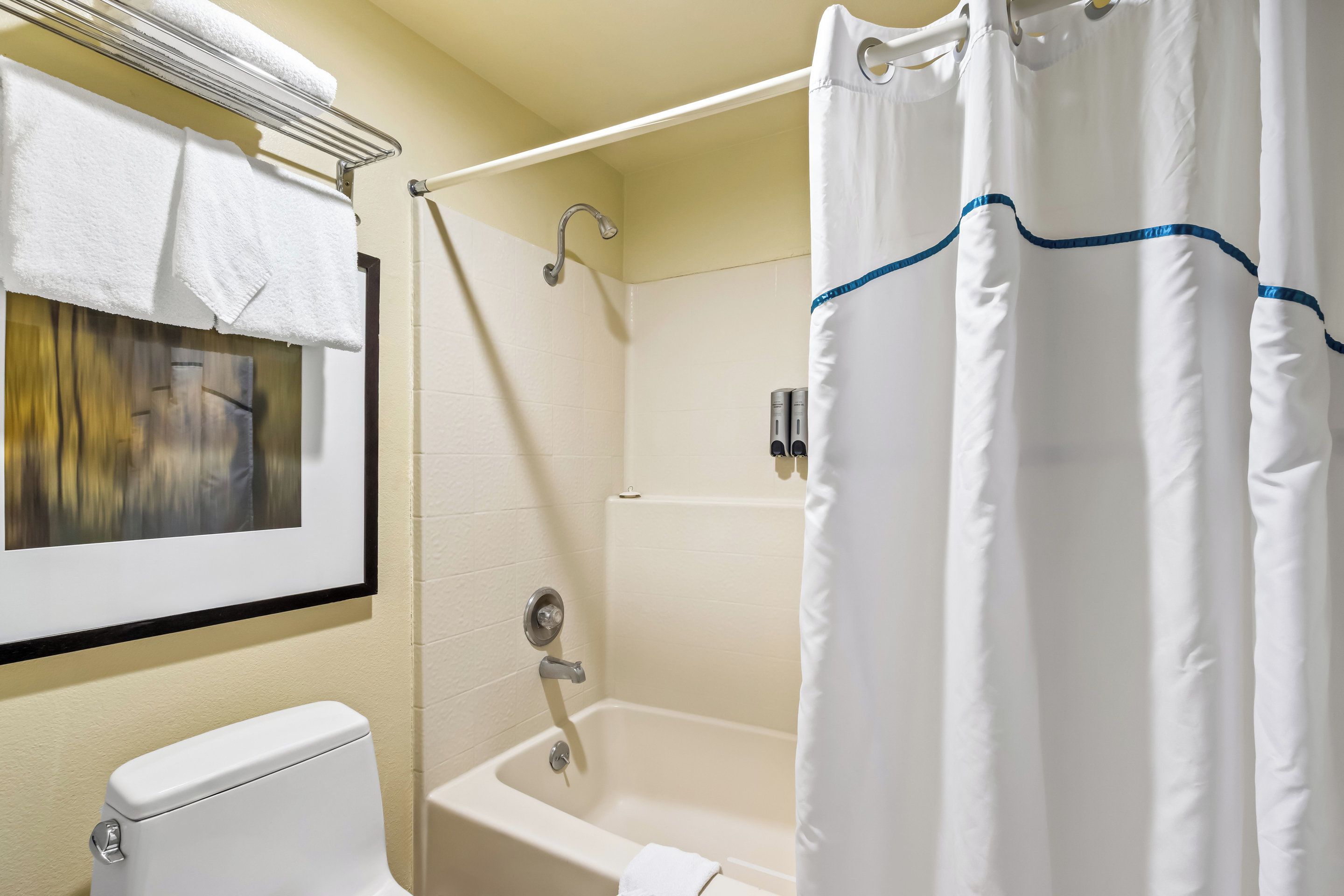 Un baño con inodoro, bañera y cortina de ducha.