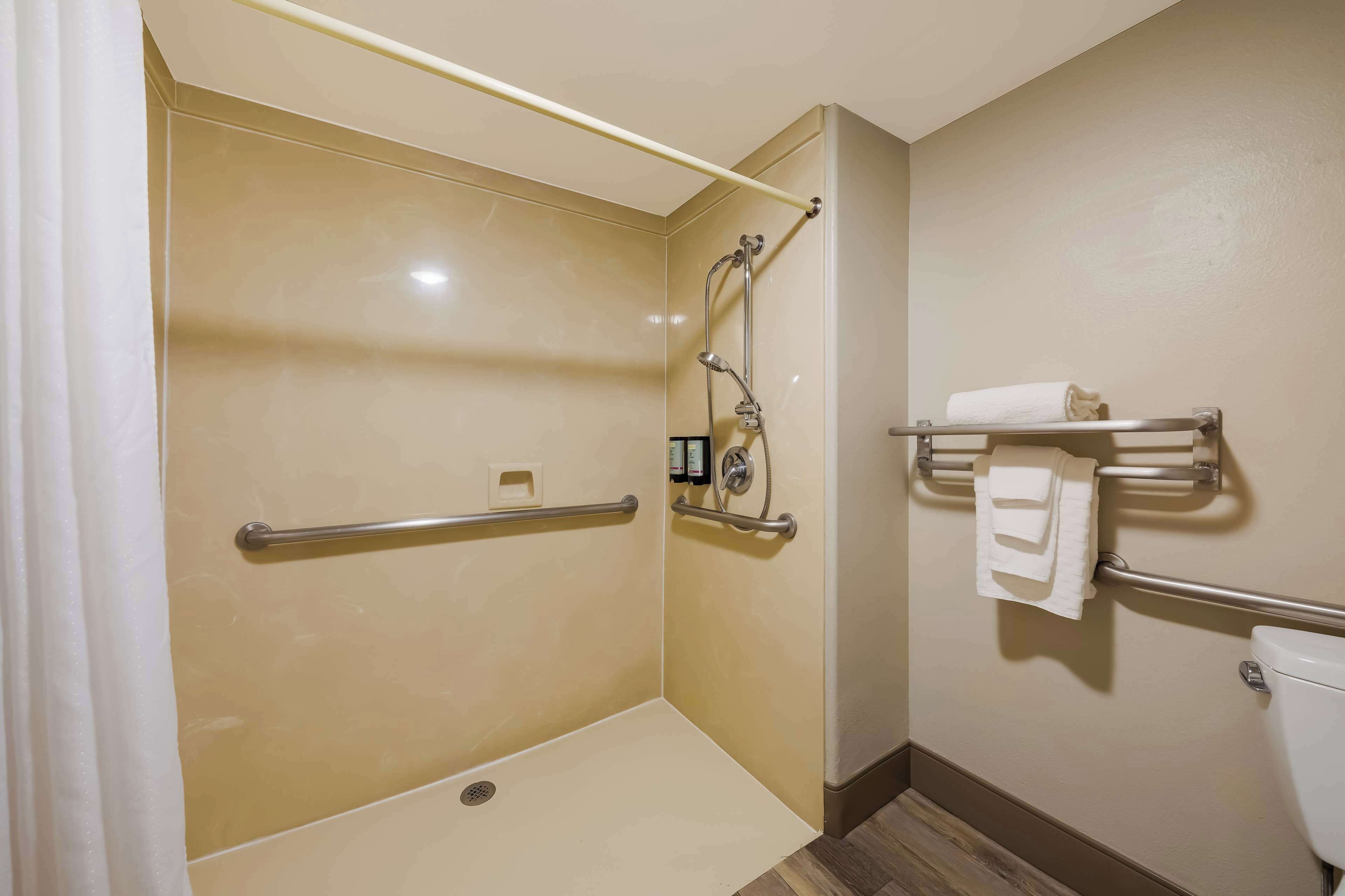 Une douche adaptée aux personnes à mobilité réduite, dotée de barres d’appui, des toilettes avec un porte-serviettes et un plancher en bois.