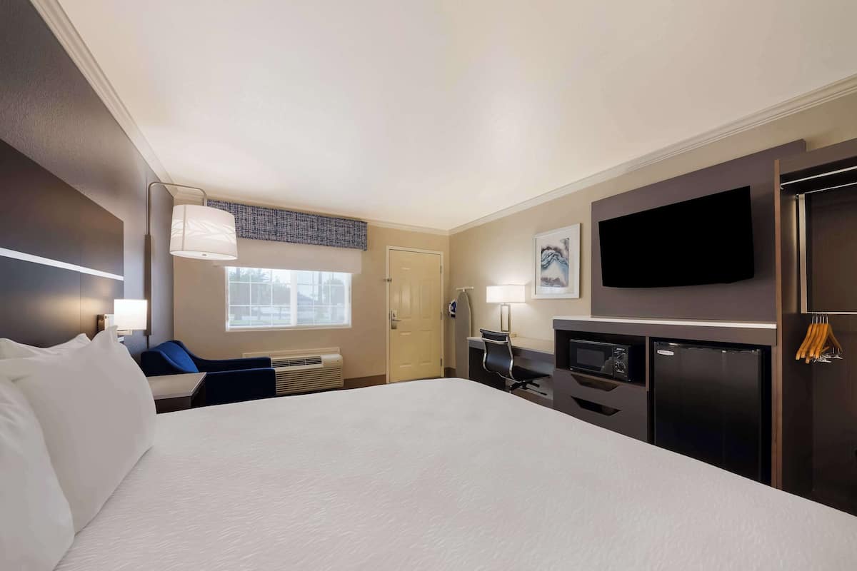 Chambre Standard, 1 trĂšs grand lit, accessible aux personnes Ă  mobilitĂ© rĂ©duite, non-fumeur | Bureau, rideaux dâobscurcissement, fer et planche Ă  repasser