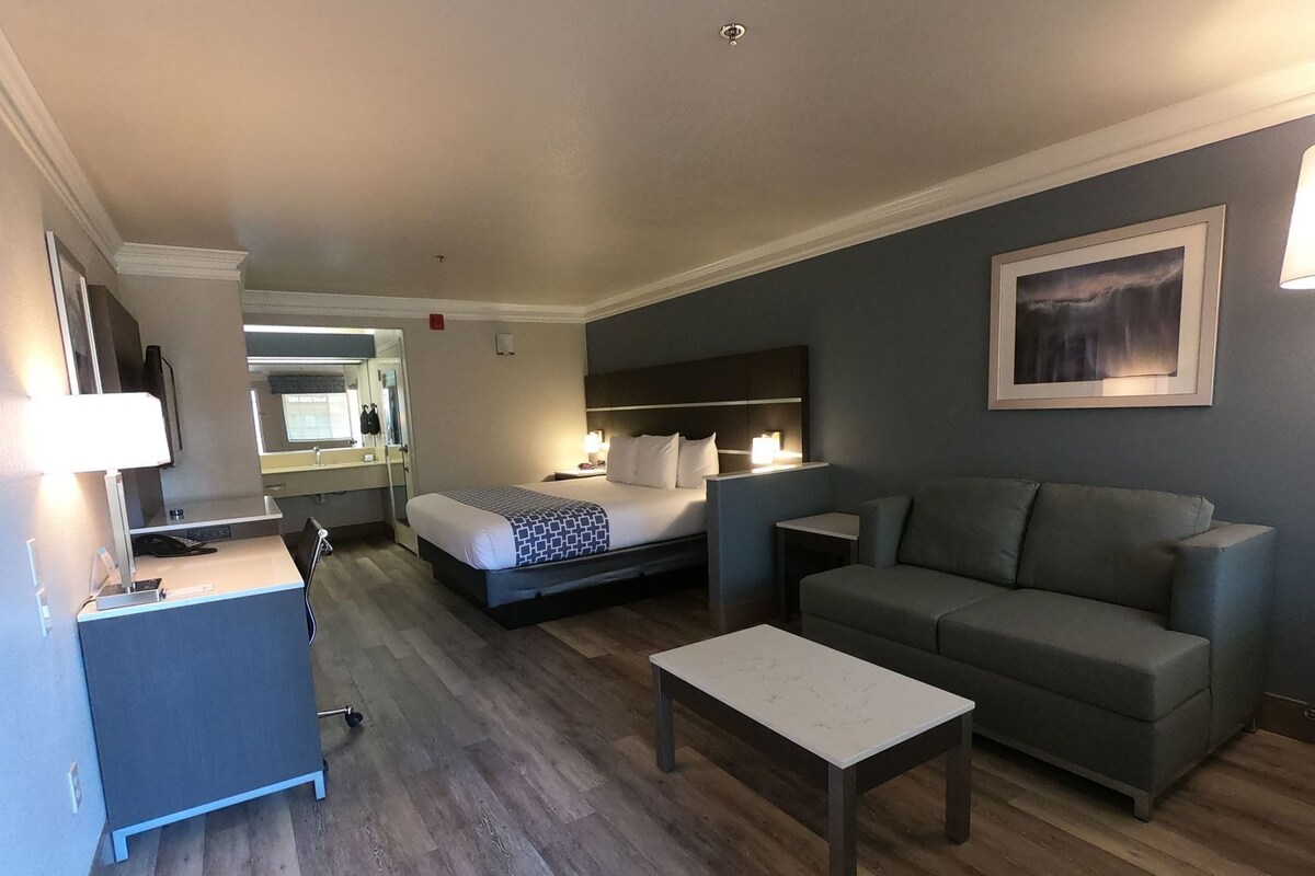 A hotel room with a bed, a desk, a couch, and a painting on the wall.
