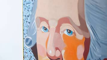 A painting of a person with white hair and a blue background.