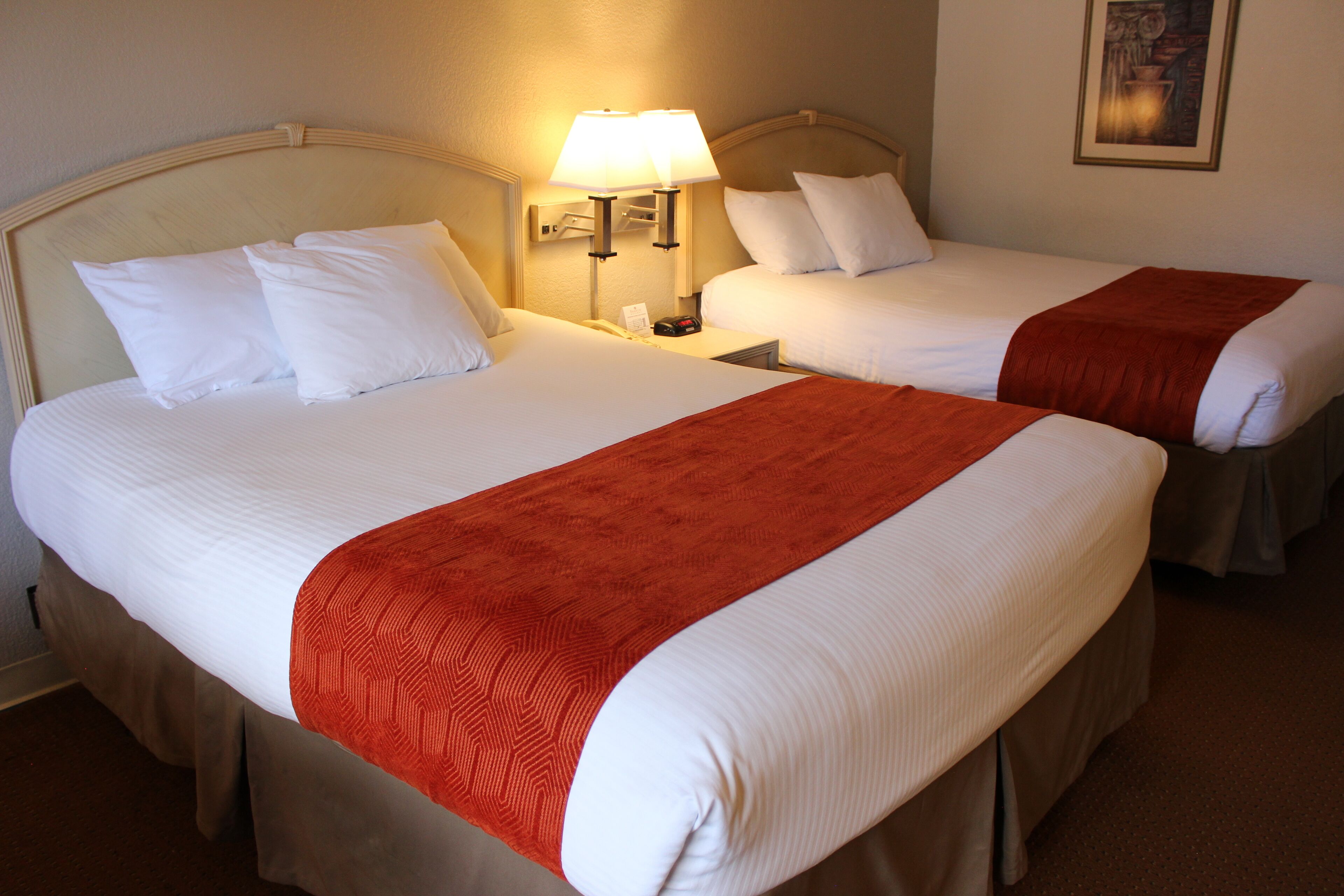 A hotel room with two beds, each with white bedding and a red throw blanket. There is a nightstand with a lamp between the beds.
