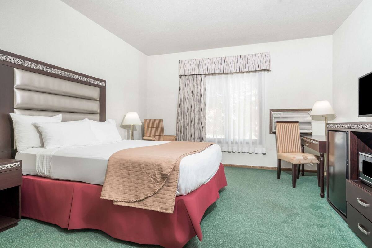 A hotel room with a bed, a desk, a chair, a TV, and a minibar.