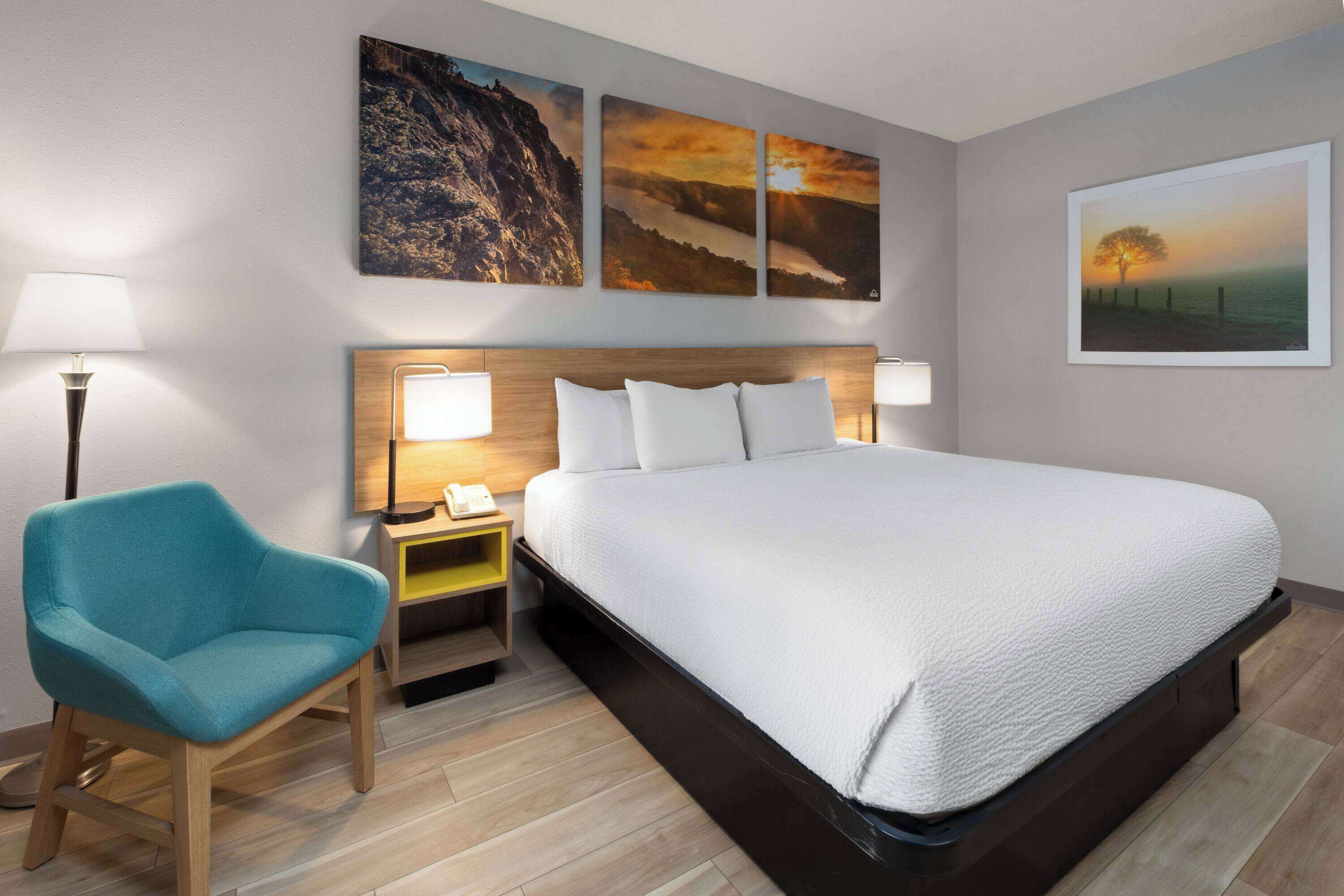 Une chambre d’hôtel avec un lit, un fauteuil bleu, une table de chevet avec une lampe et trois tableaux accrochés au mur.