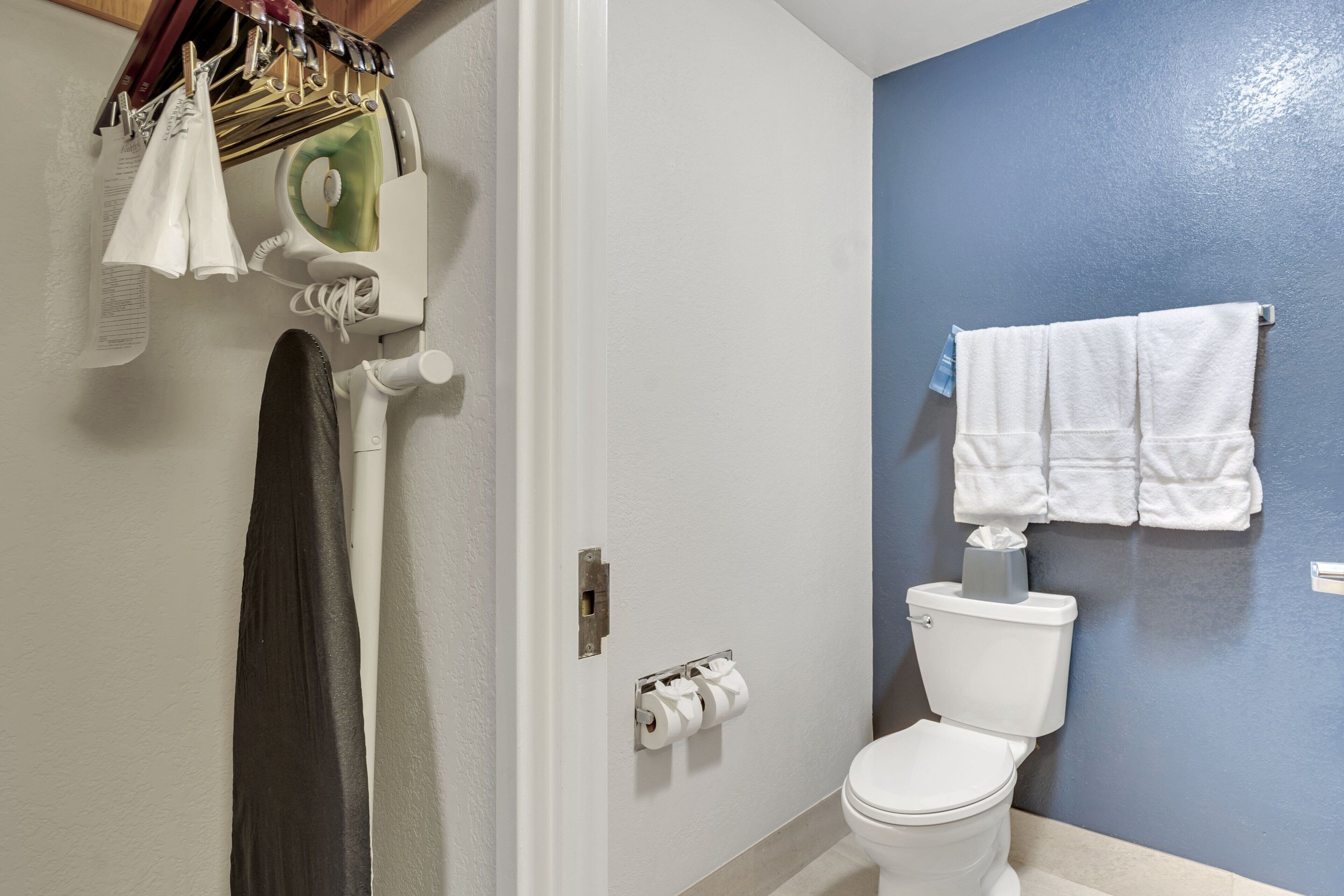 free toiletries, hair dryer, towels