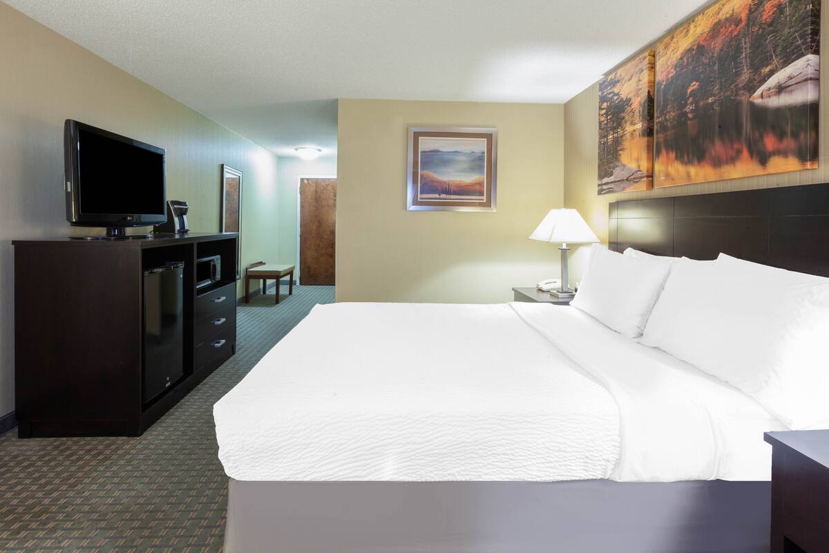 A hotel room with a large bed, a TV, a desk, and a painting on the wall.