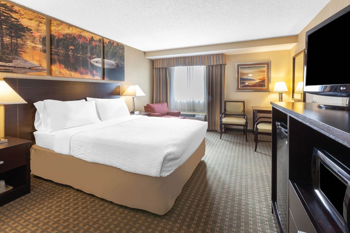 A hotel room with a large bed, a desk with a flat-screen TV, a chair, a lamp, and a painting on the wall.