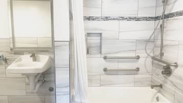 Room, 1 King Bed, Accessible, Non Smoking | Bathroom | Combined shower/bathtub, free toiletries, hair dryer, towels