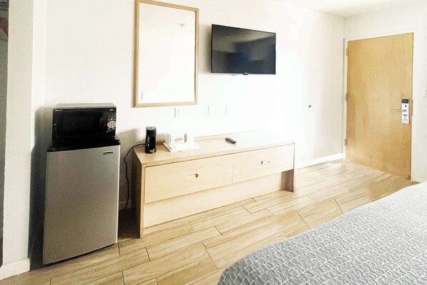 Desk, laptop workspace, blackout curtains, iron/ironing board