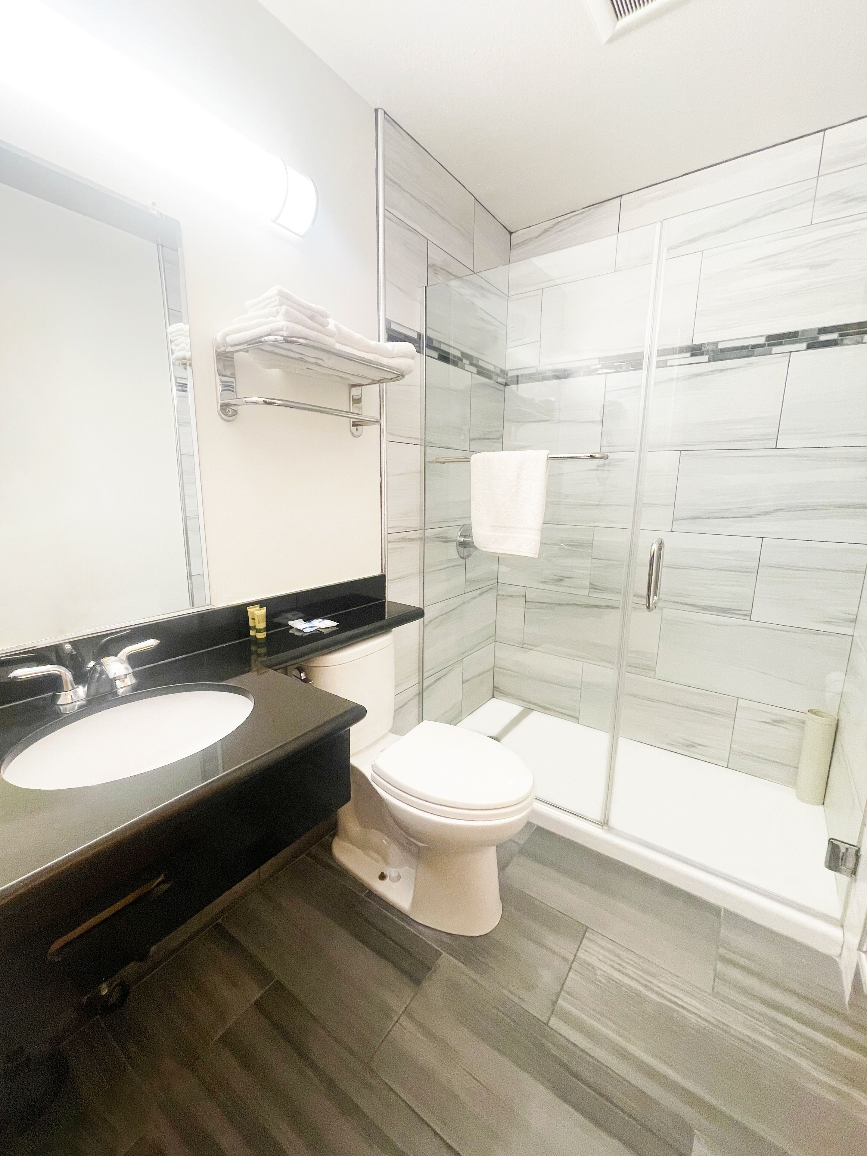 Desk, laptop workspace, blackout curtains, iron/ironing board