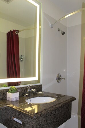 Combined shower/bathtub, free toiletries, hair dryer, towels