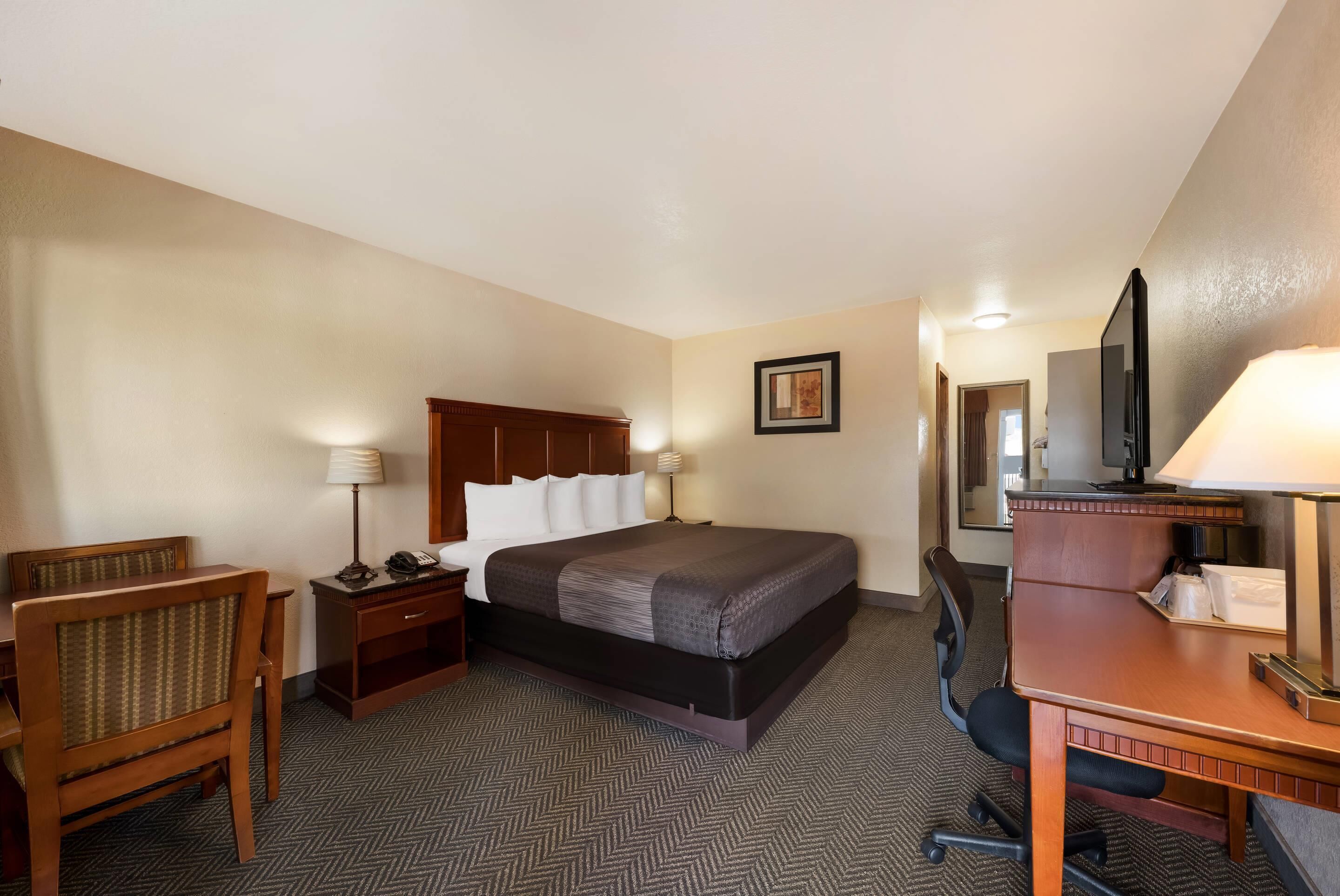 A hotel room with a bed, desk, chair, desk lamp, and a television.