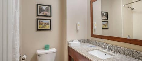 Une salle de bain comprenant des toilettes, un lavabo avec un miroir et deux tableaux encadrés accrochés au mur.