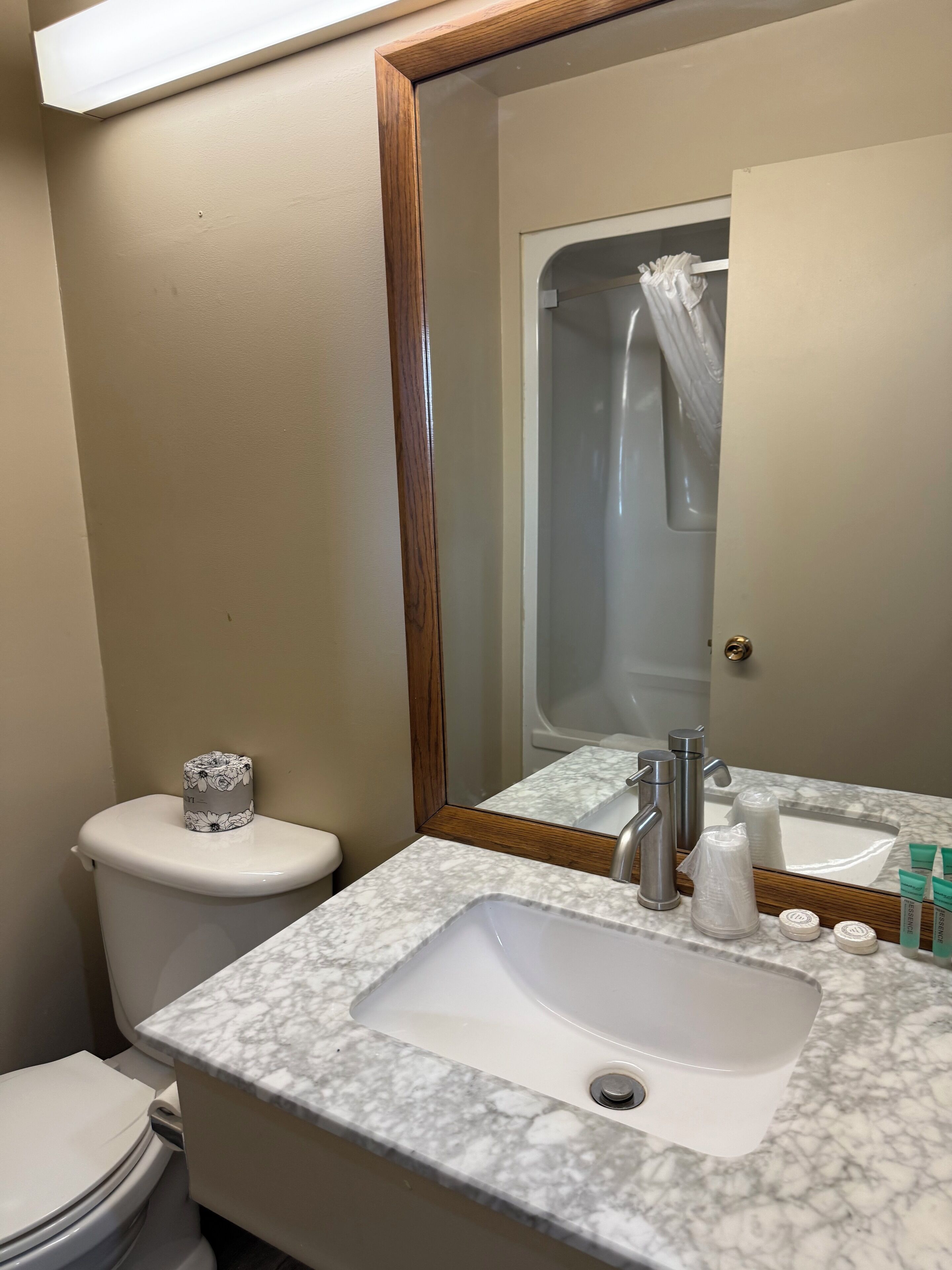 Badkar/dusch, gratis toalettartiklar, hårtork och handdukar