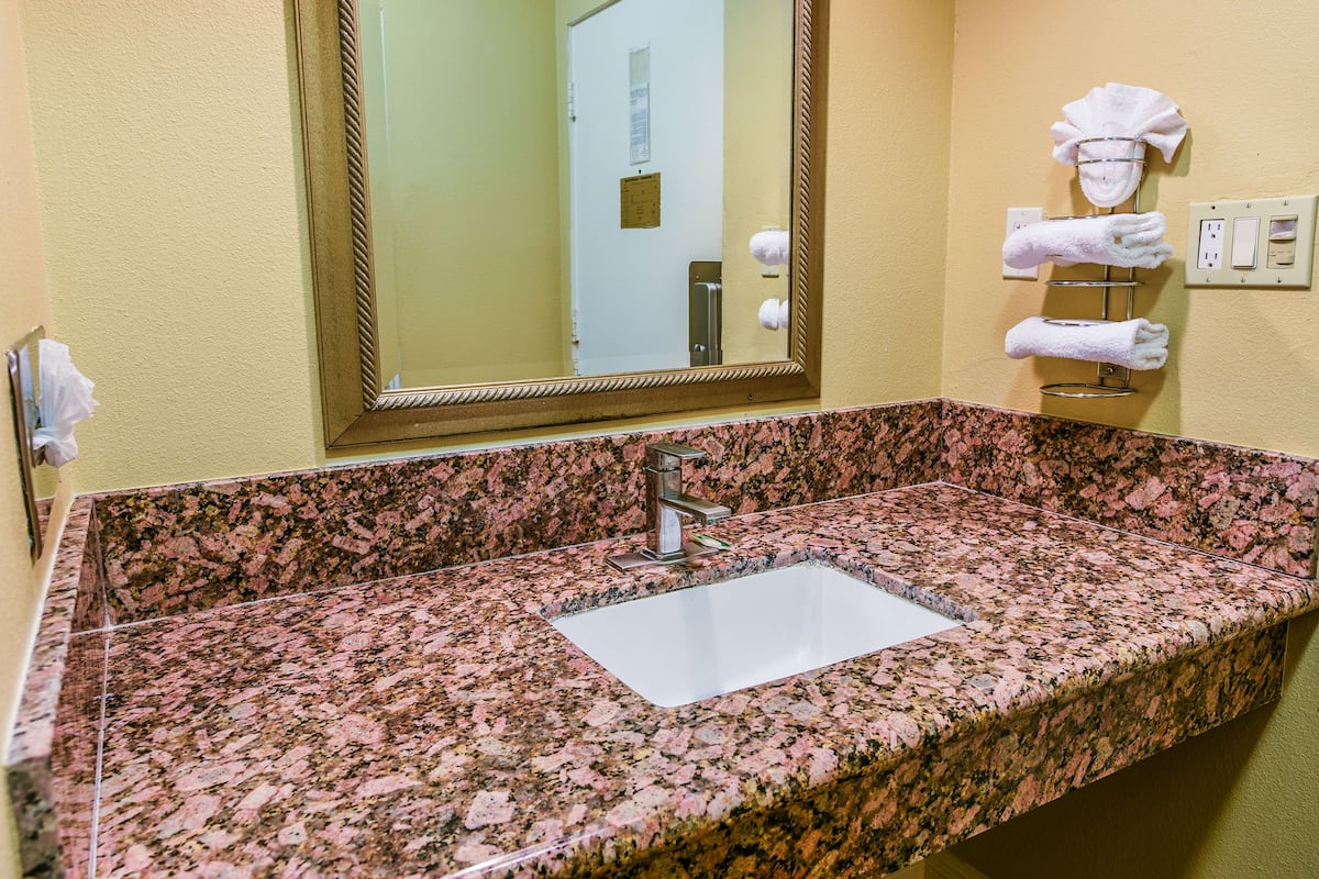 Combined shower/tub, free toiletries, hair dryer, towels