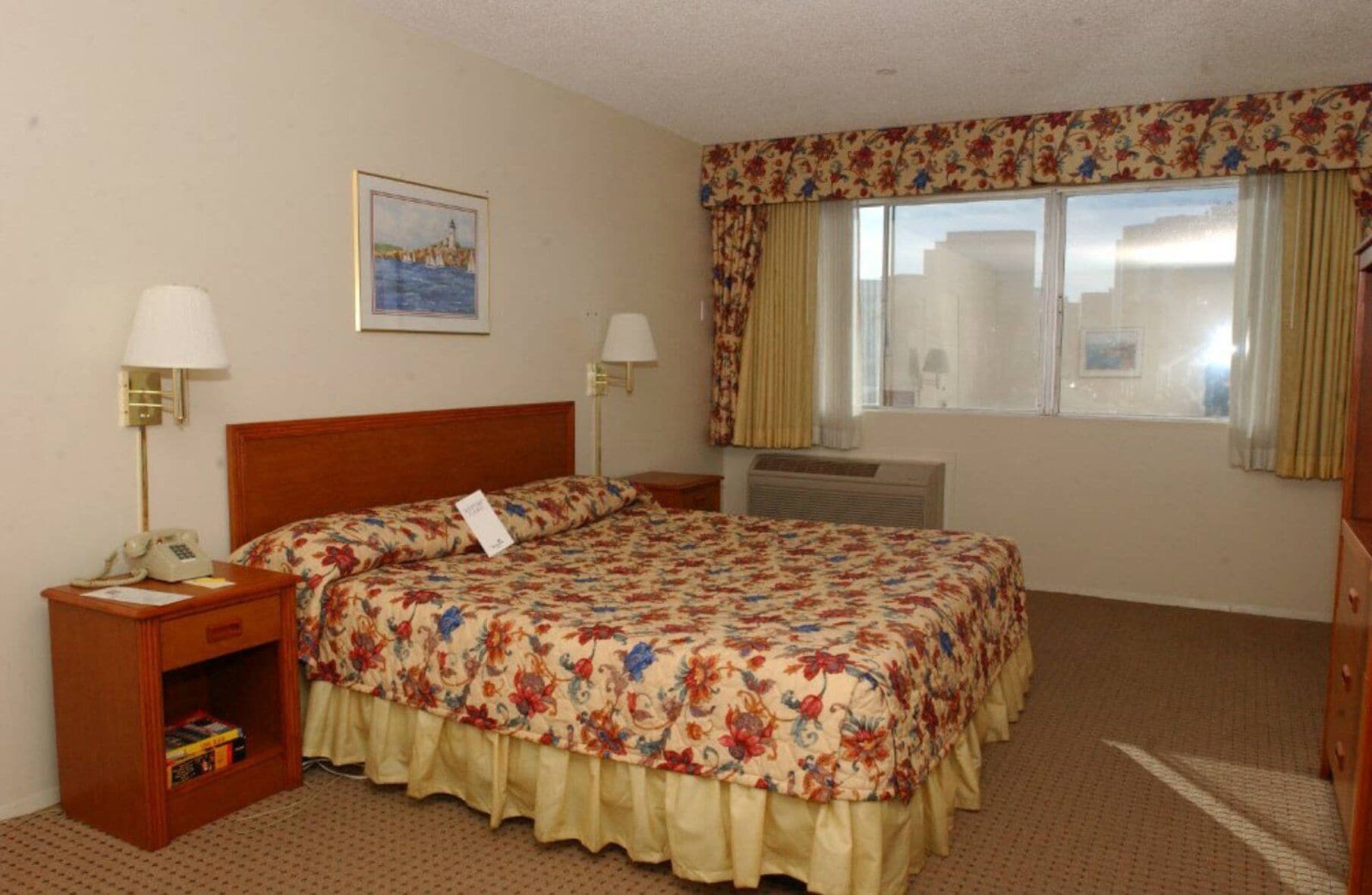 A hotel room with a large bed, two bedside lamps, a small bedside table with a telephone, a bookshelf, a window with curtains, and a painting on the wall.