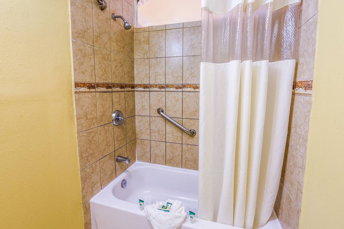 Ein Badezimmer mit einer Badewanne, einer Dusche inklusive Haltegriff und einem Handtuchhalter.