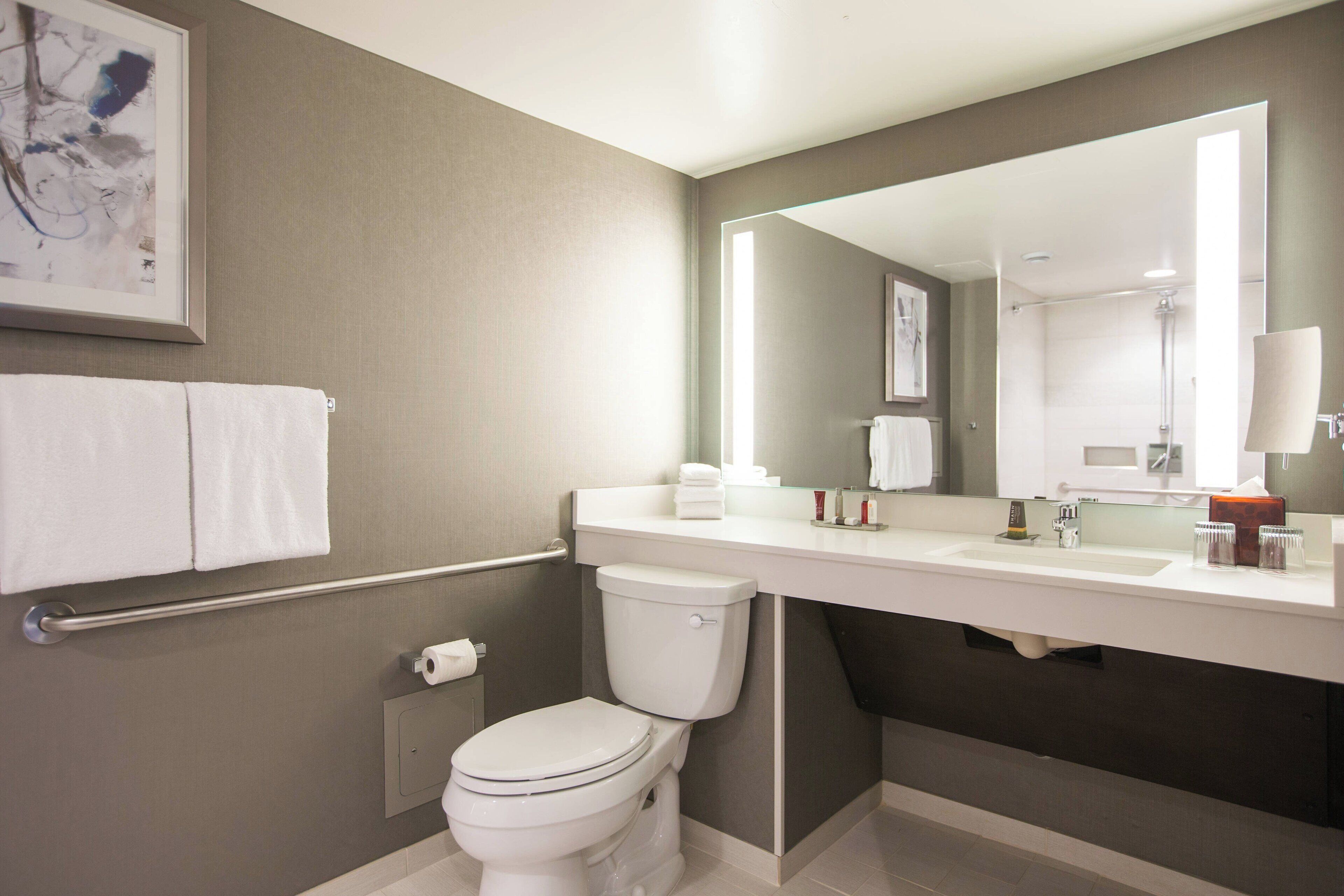 A modern bathroom with a toilet, sink, and large mirror.