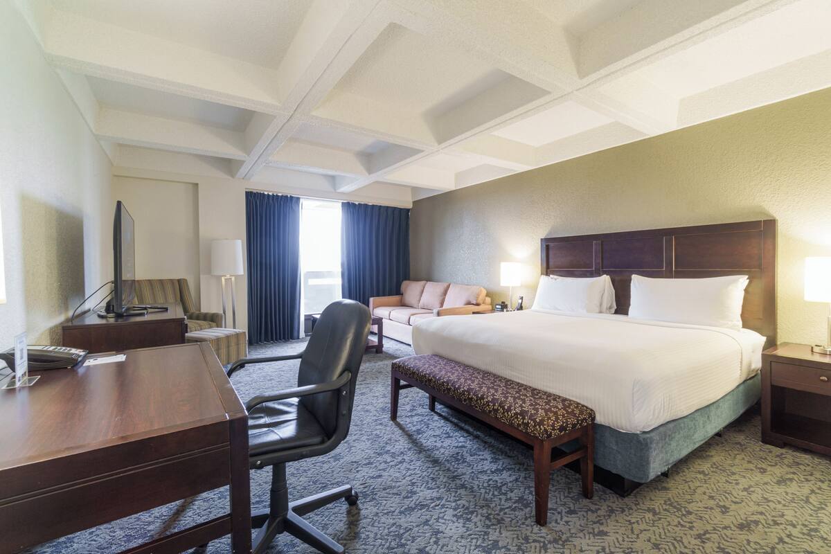 A hotel room with a bed, desk, chair, and a view of the outdoors.