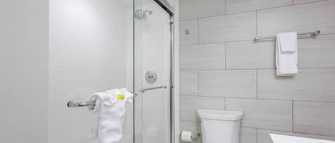 A modern bathroom with a glass shower enclosure, a toilet, and a white sink.