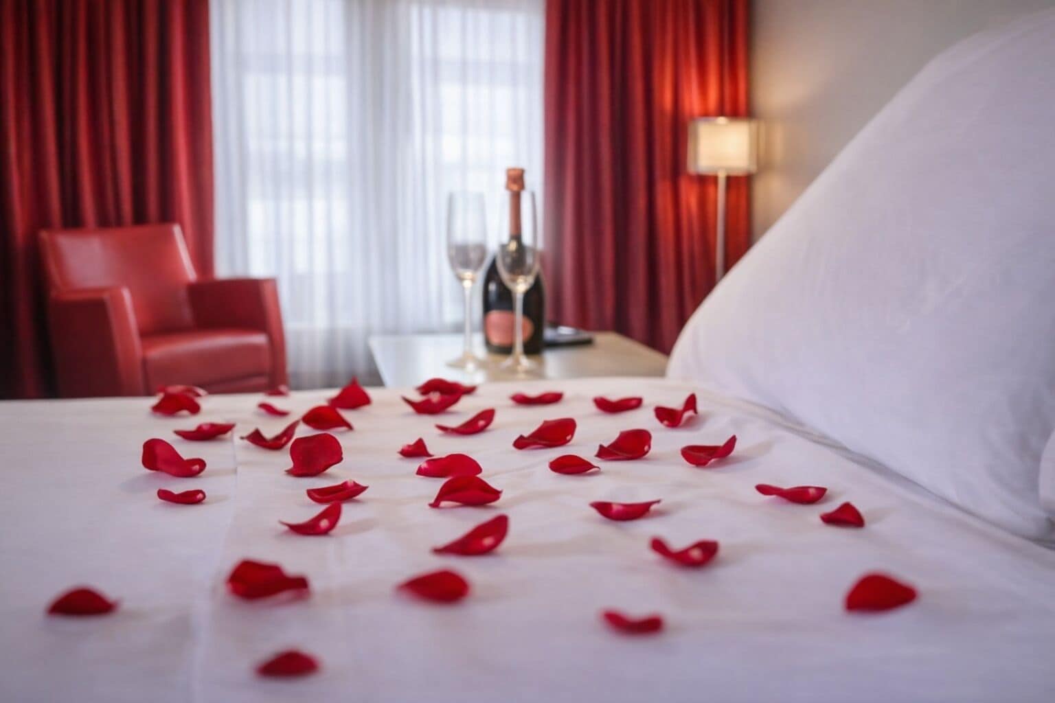 A hotel room with a bed covered in rose petals, a bottle of champagne, and a red chair.