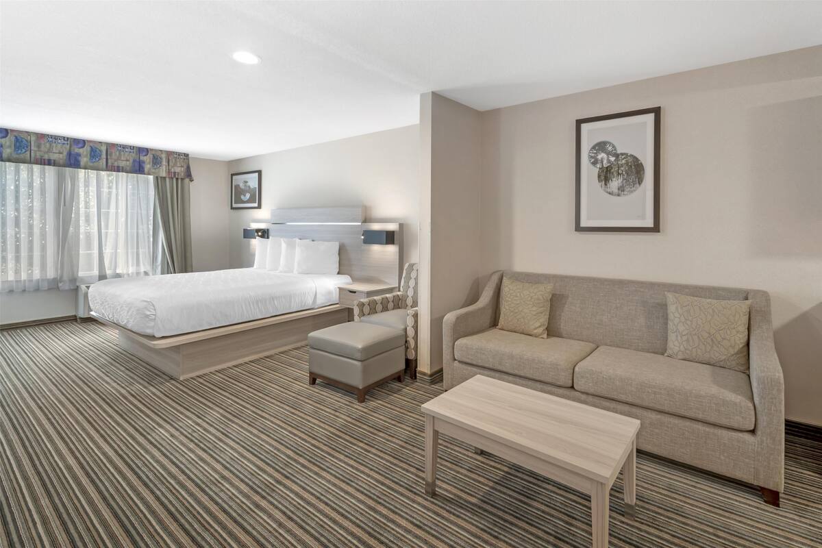 A hotel room with a large bed, a sofa, a coffee table, and a painting on the wall.