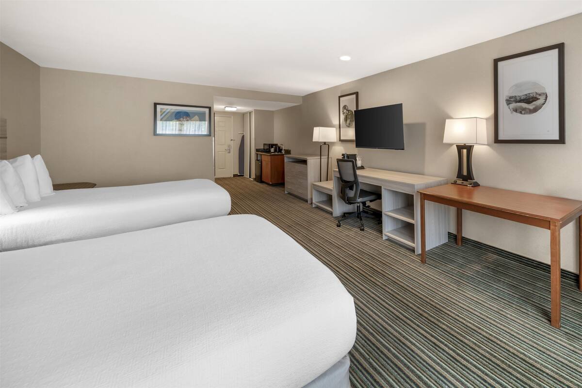 A hotel room with two beds, a desk, a chair, a TV, and a lamp.