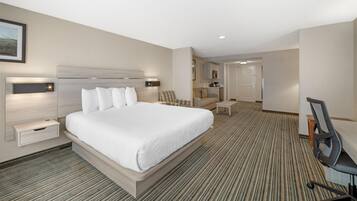 Laptop workspace, blackout curtains, iron/ironing board