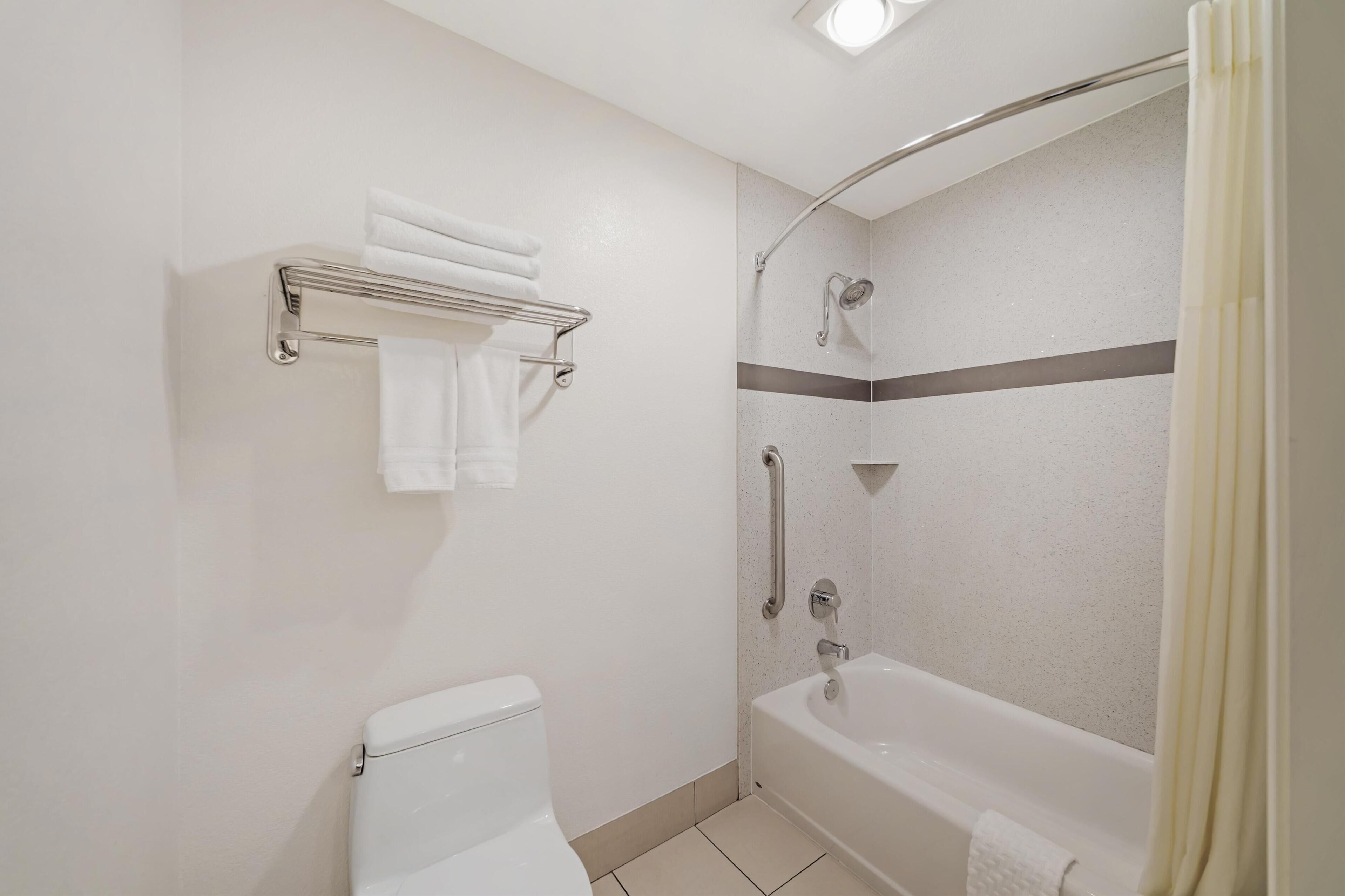 A modern bathroom with a toilet, a shower with a curved glass door, and a bathtub.