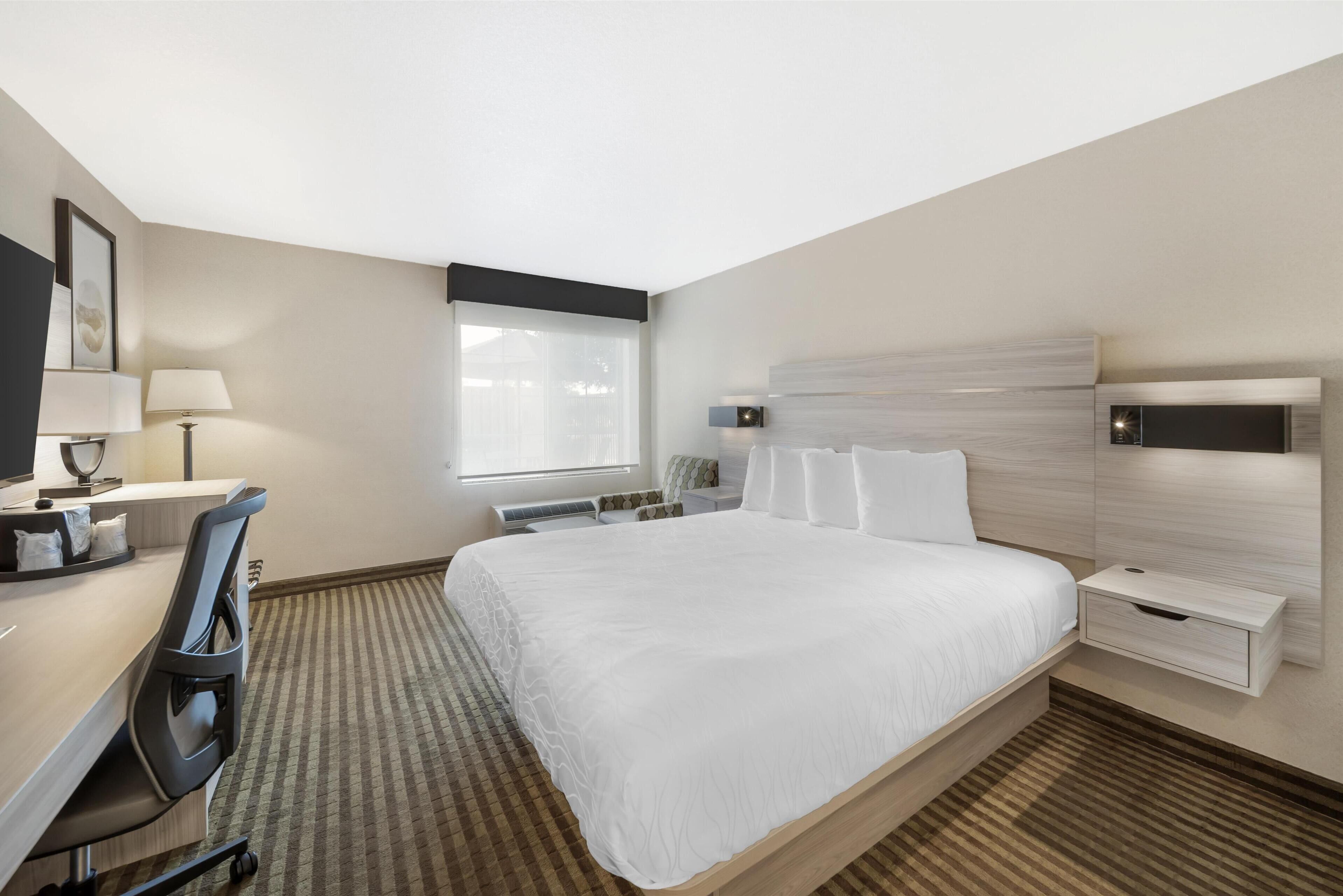 Hotellihuone, jossa on suuri sänky, työpöytä tuolilla, yöpöytä, lamppu ja ikkuna.