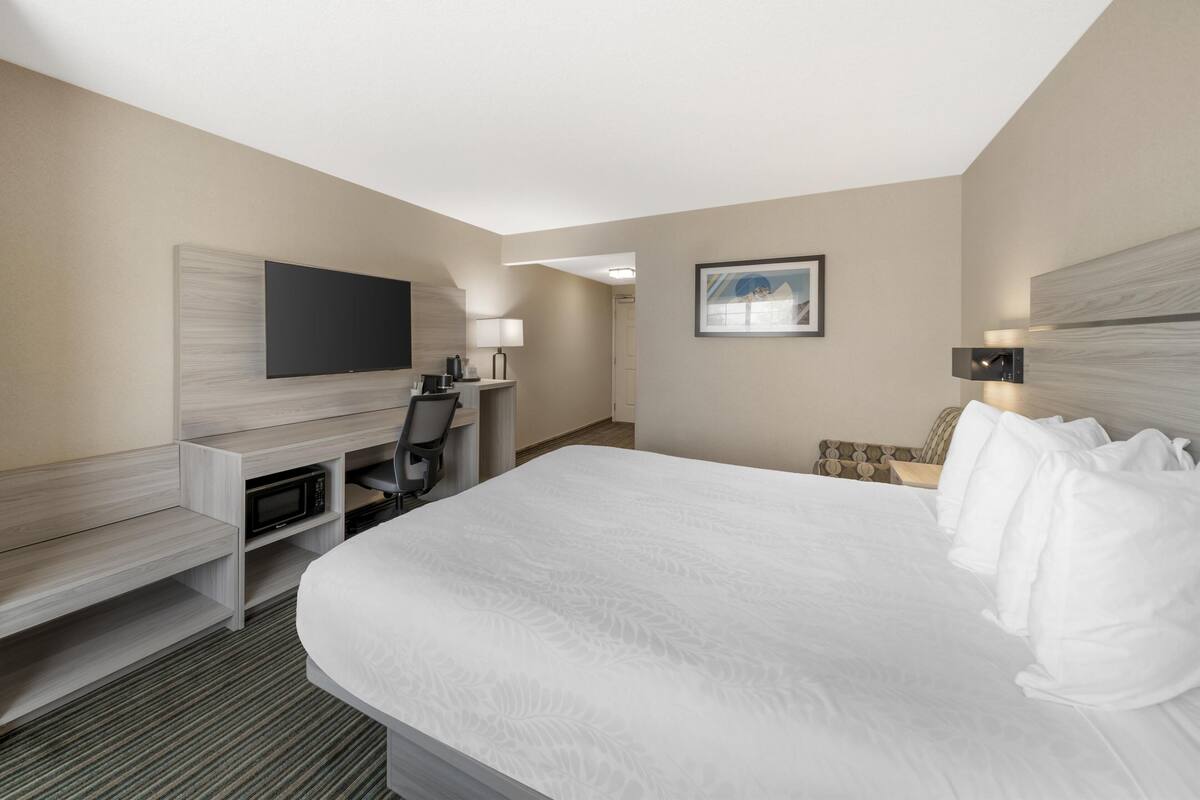 A hotel room with a large bed, a desk with a chair, a flat-screen TV, a microwave, and a framed picture on the wall.