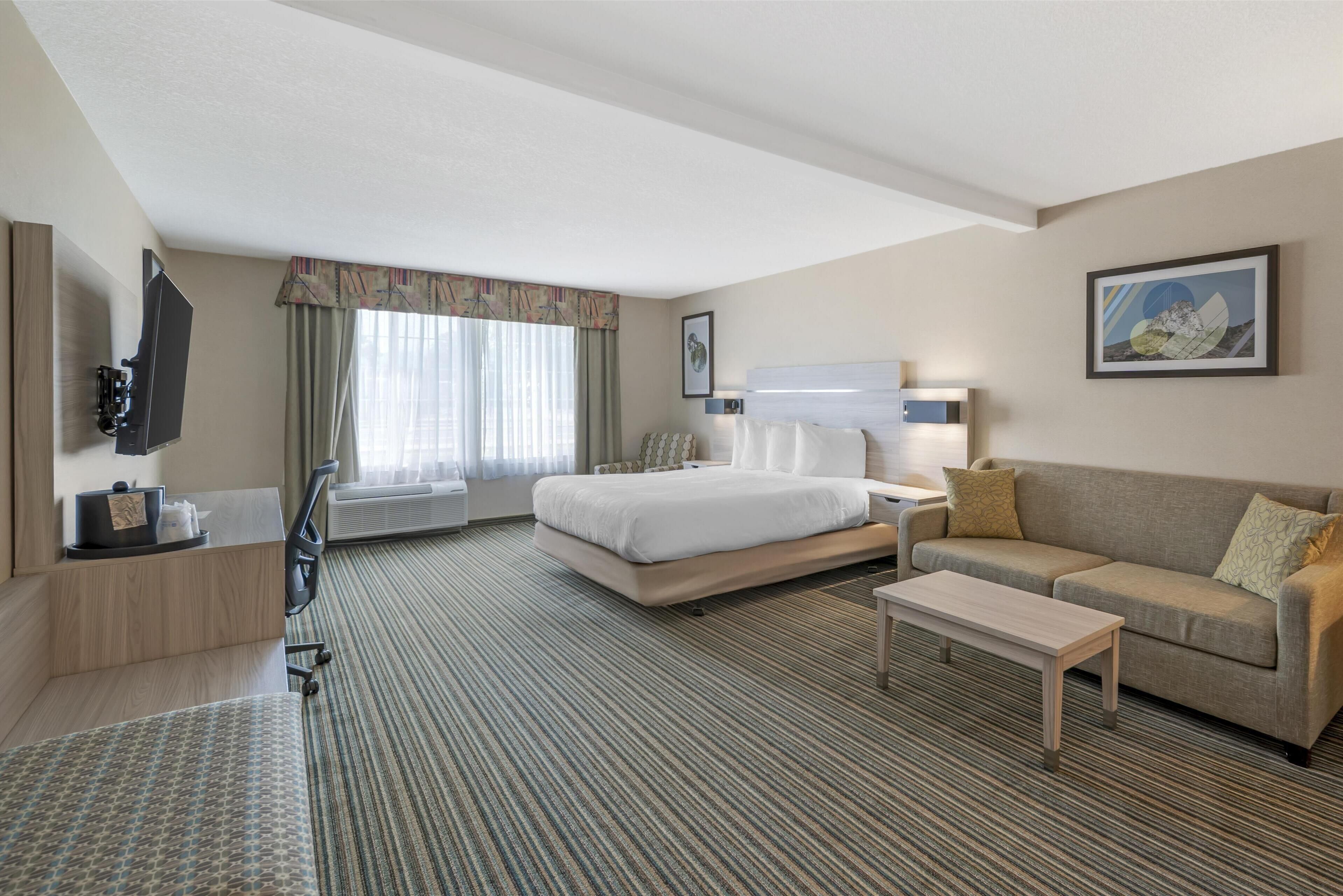 Une chambre d’hôtel avec un lit, un canapé, un bureau, une télévision et une fenêtre avec des rideaux.