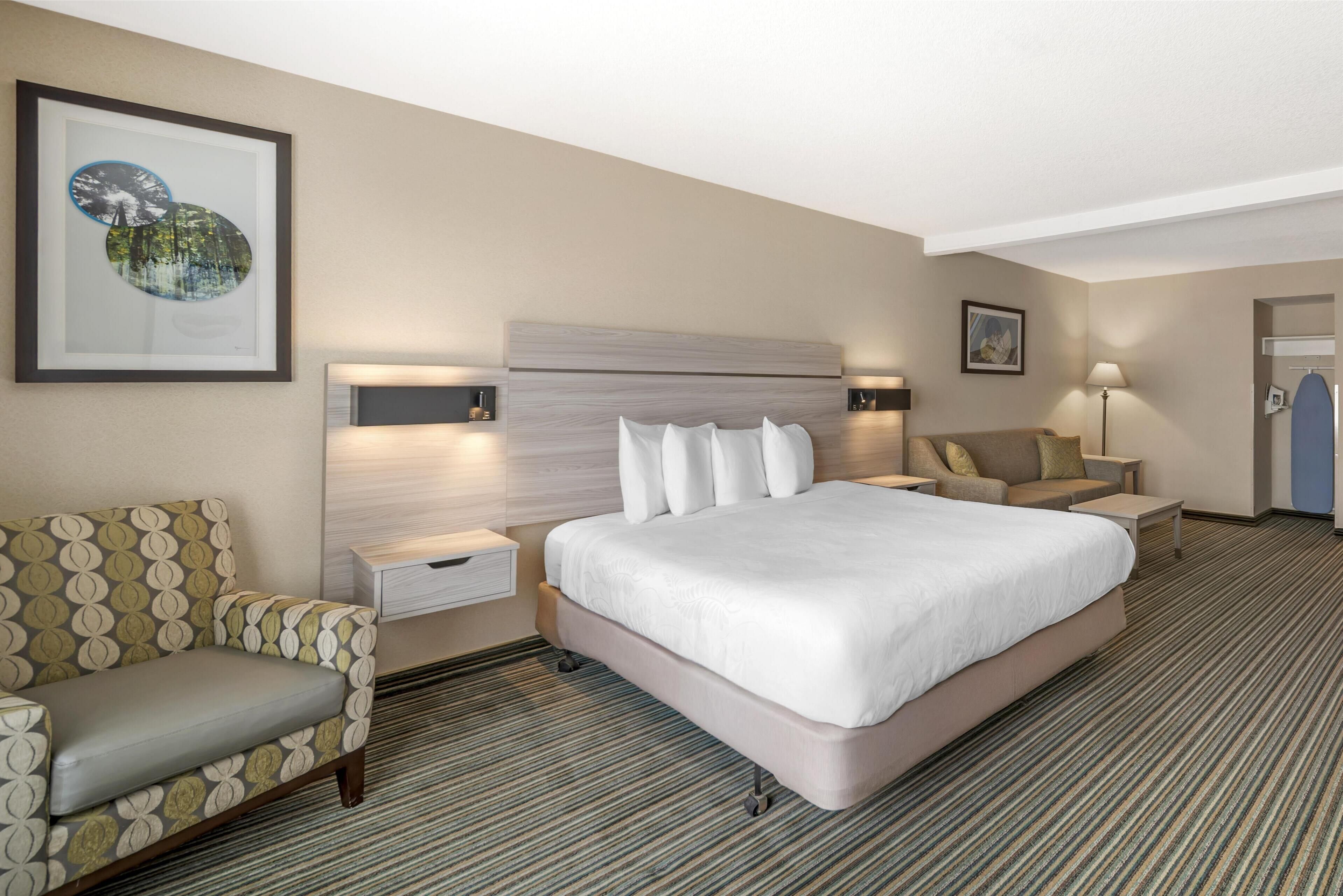 Suite, 1 King Bed, Accessible, Refrigerator & Microwave (with Single Sofabed) | Laptop workspace, blackout drapes, iron/ironing board