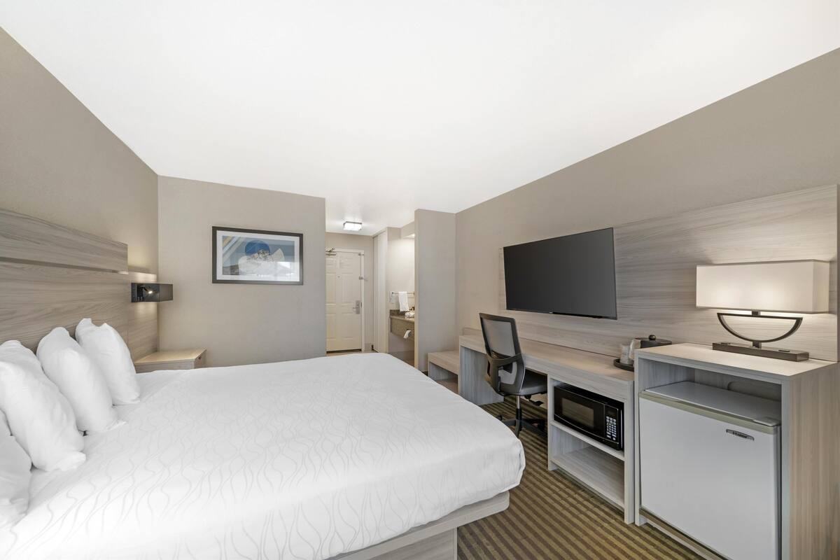 A hotel room with a large bed, a desk with a chair, a television, a microwave, and a refrigerator.