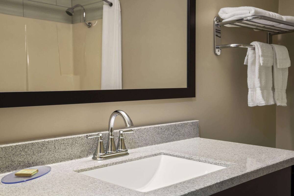 combined shower/bathtub, free toiletries, hair dryer, towels