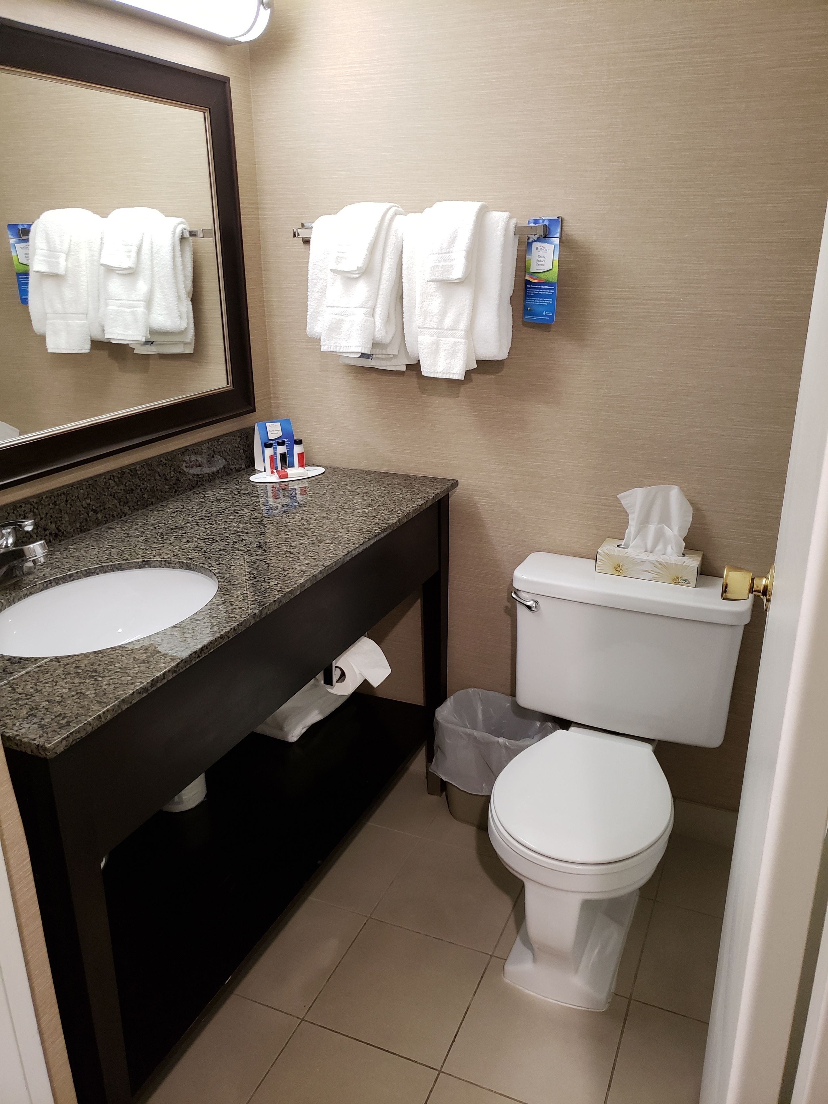 Un baño con lavamanos de encimera de granito, un espejo, toallas blancas, un inodoro y un cubo de basura.