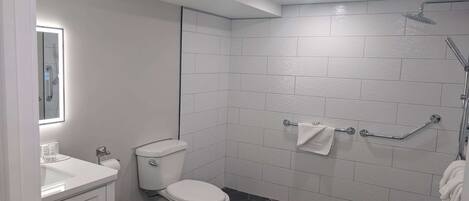 A modern bathroom with a white toilet, a sink, and a shower.