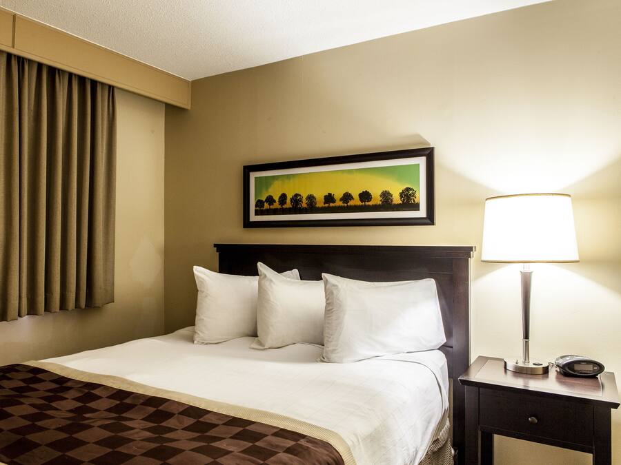 A hotel room with a bed, a nightstand with a lamp, a framed picture on the wall, and a window with curtains.